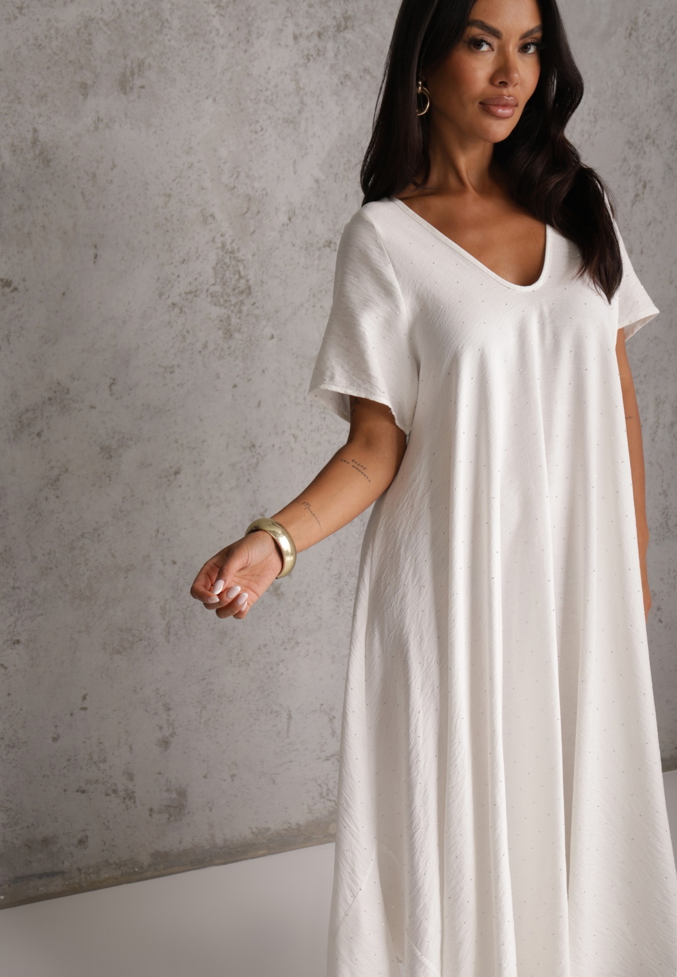 Rochie oversize din viscoză, decorată cu strasuri Erone Albă