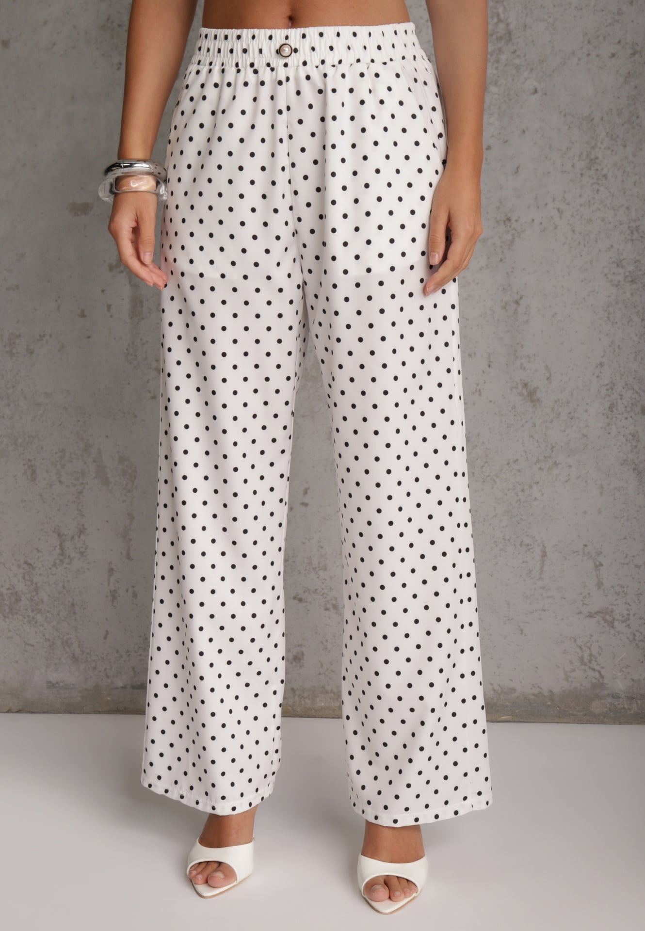 Pantaloni largi Casual cu talie înaltă și buline, decorați cu perlă Mesalin Albi