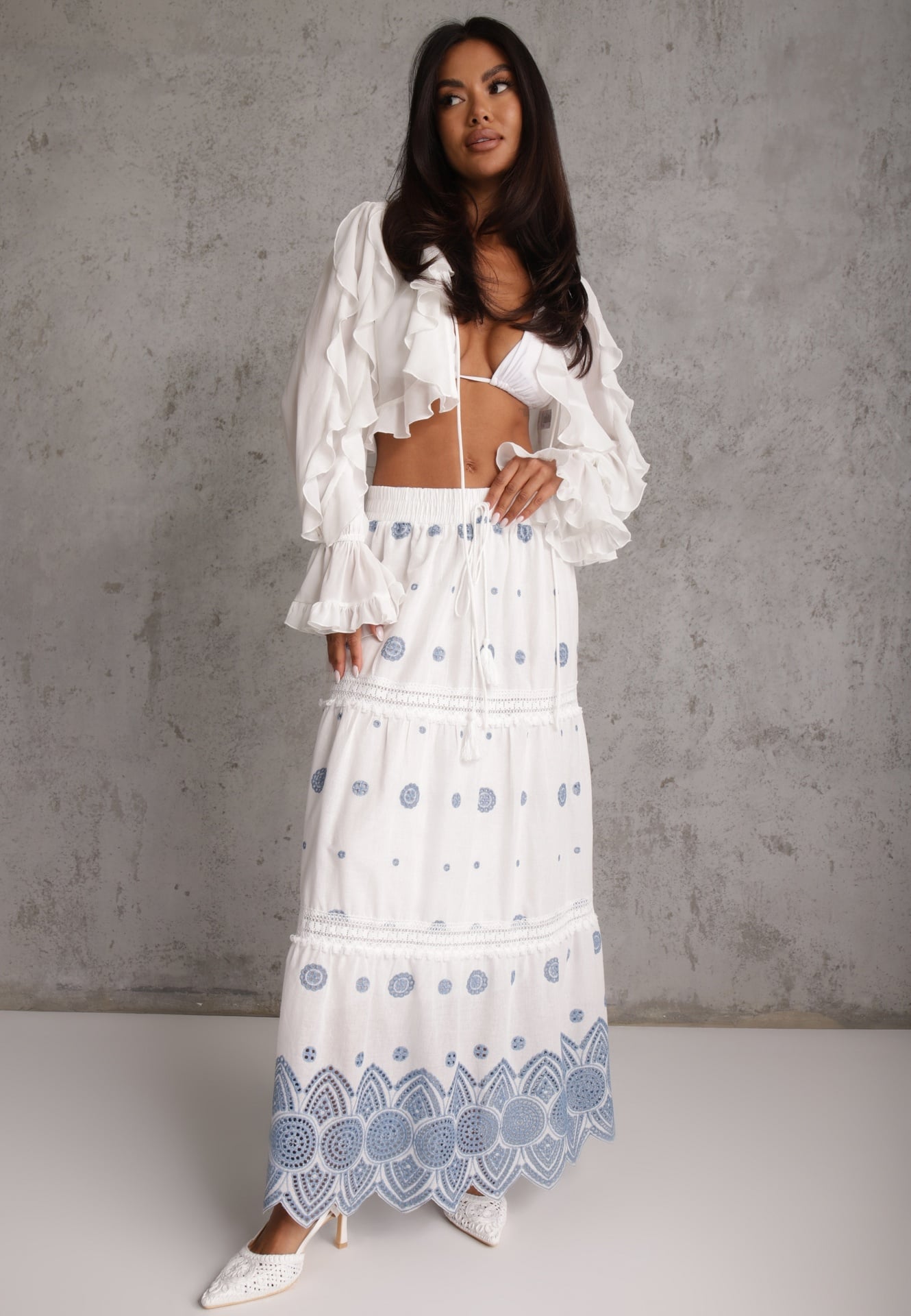 Fustă din bumbac Casual în stil Boho, decorată cu decupaje și modele brodate Hermat Albastră