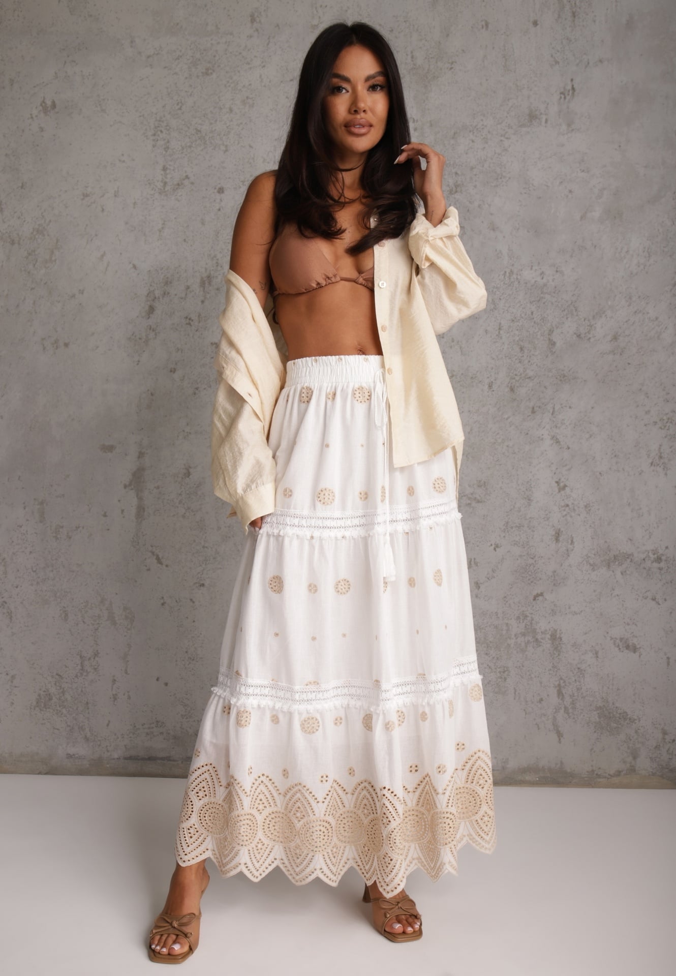 Fustă din bumbac Casual în stil Boho, decorată cu decupaje și modele brodate Hermat Bej