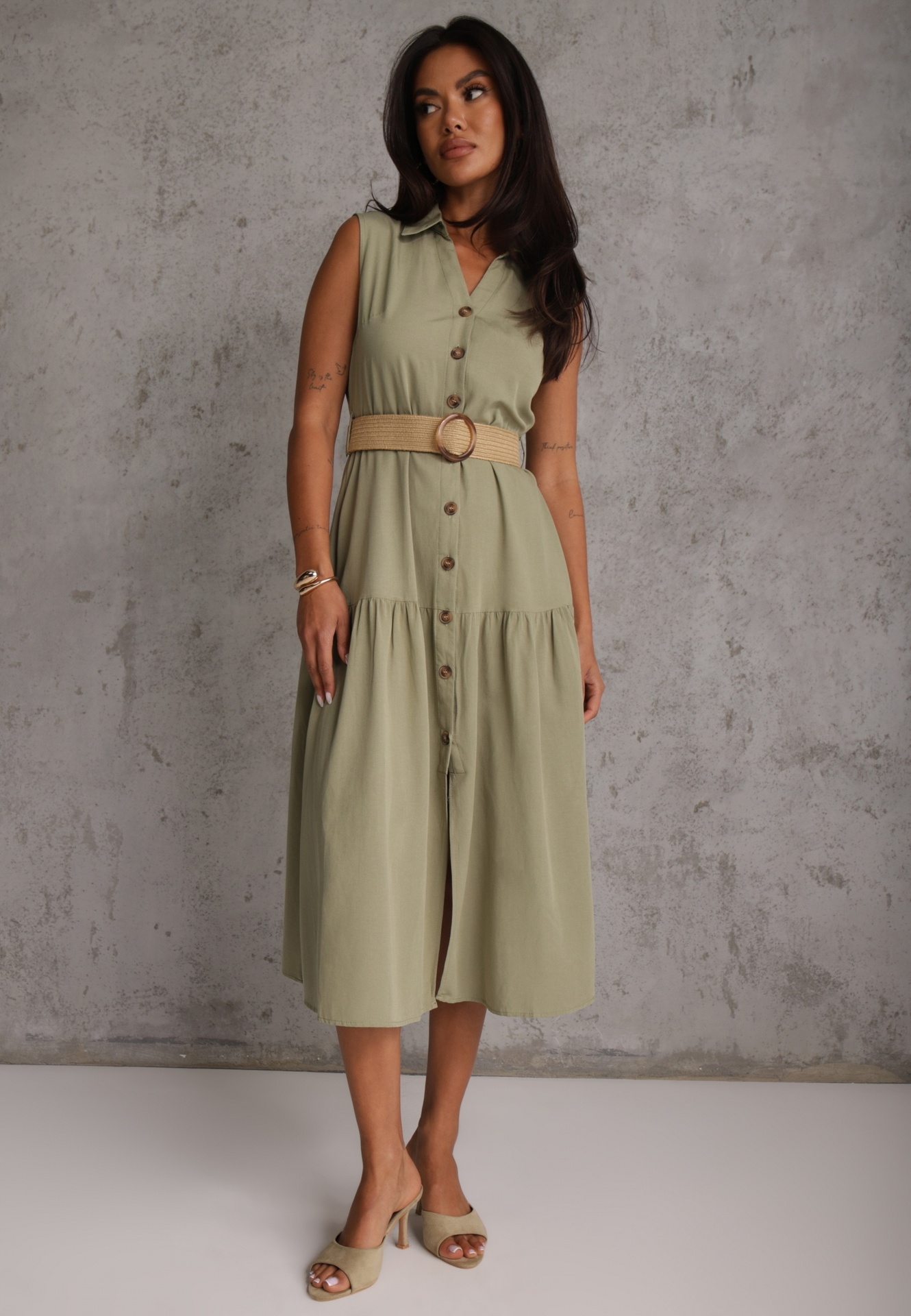 Rochie-cămașă din bumbac și viscoză de vară cu curea împletită Hekisa Verde