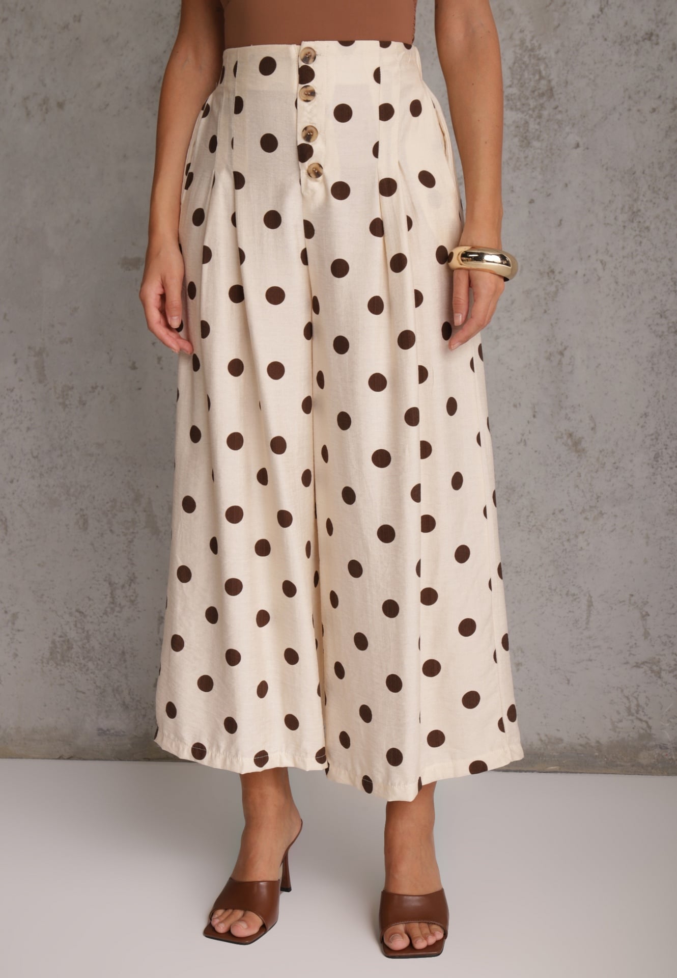 Pantaloni Casual Culottes cu buline, cu conținut ridicat de viscoză Thelialla Bej