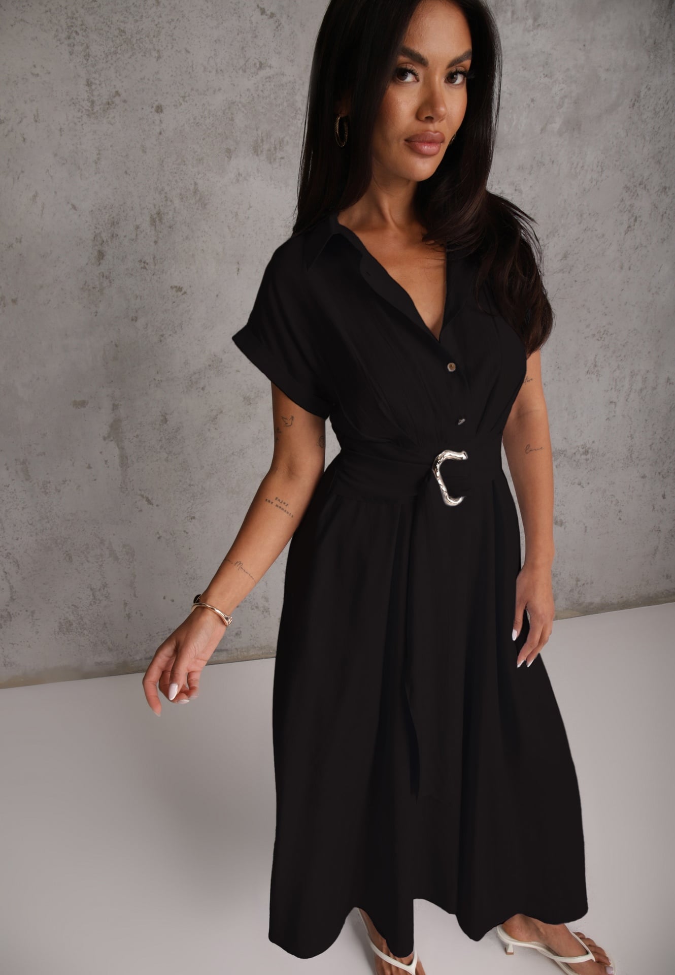 Rochie cămașă din vâscoză de vară cu curea cu cataramă neregulată Hellite Neagră