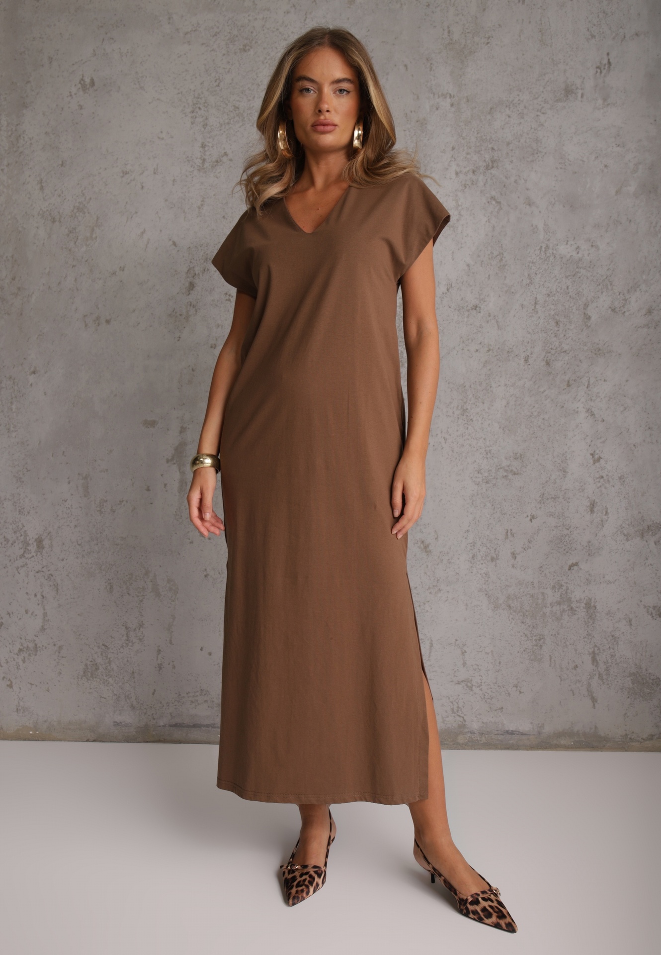 Rochie oversize din bumbac, cu buzunare și decolteu în V, Iphne Maro