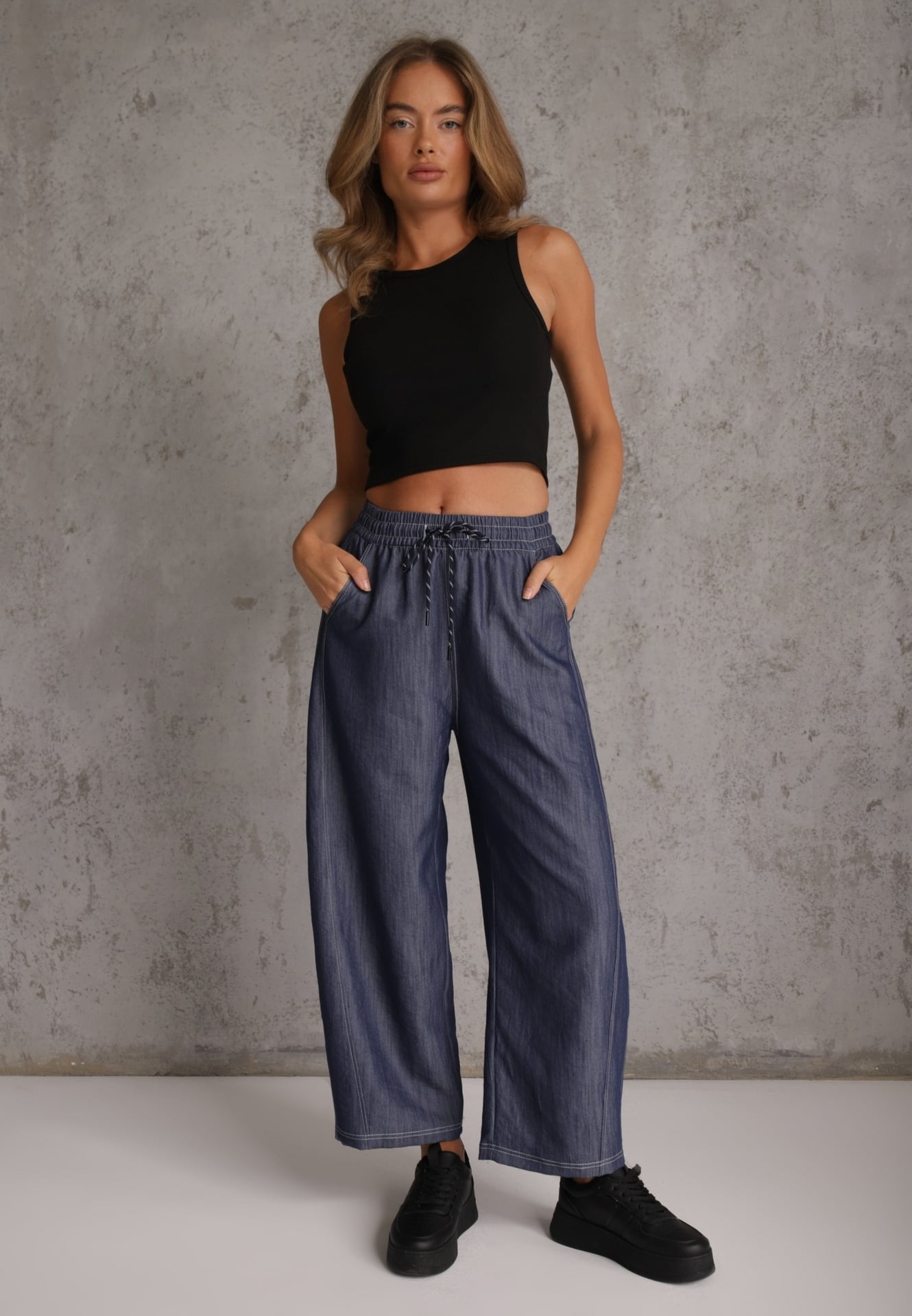 Pantaloni Casual Barrel High Waist cu elastic și tip cravată în talie Janesa Albaștri