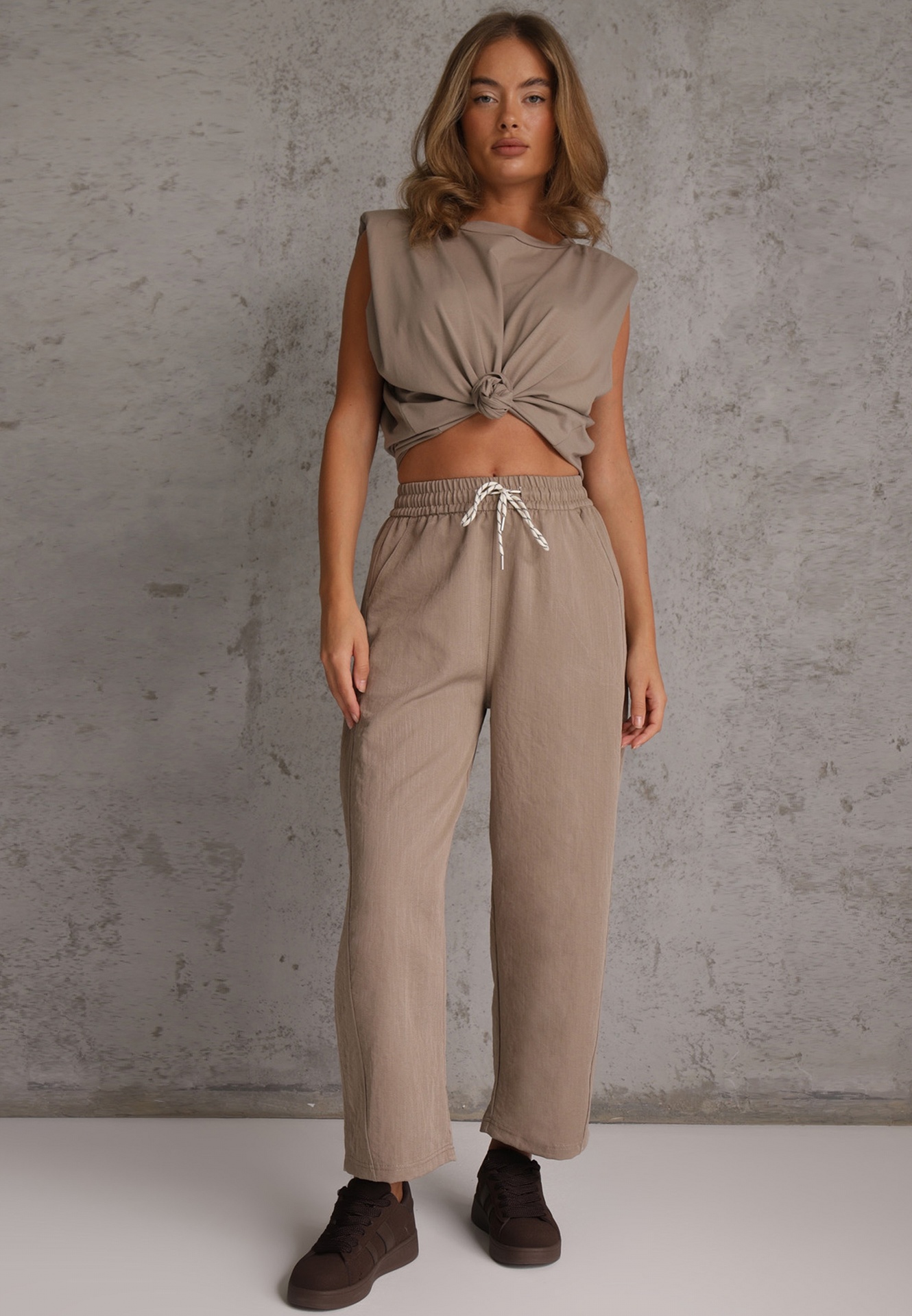 Pantaloni Casual Barrel High Waist cu elastic și tip cravată în talie Janesa Bej