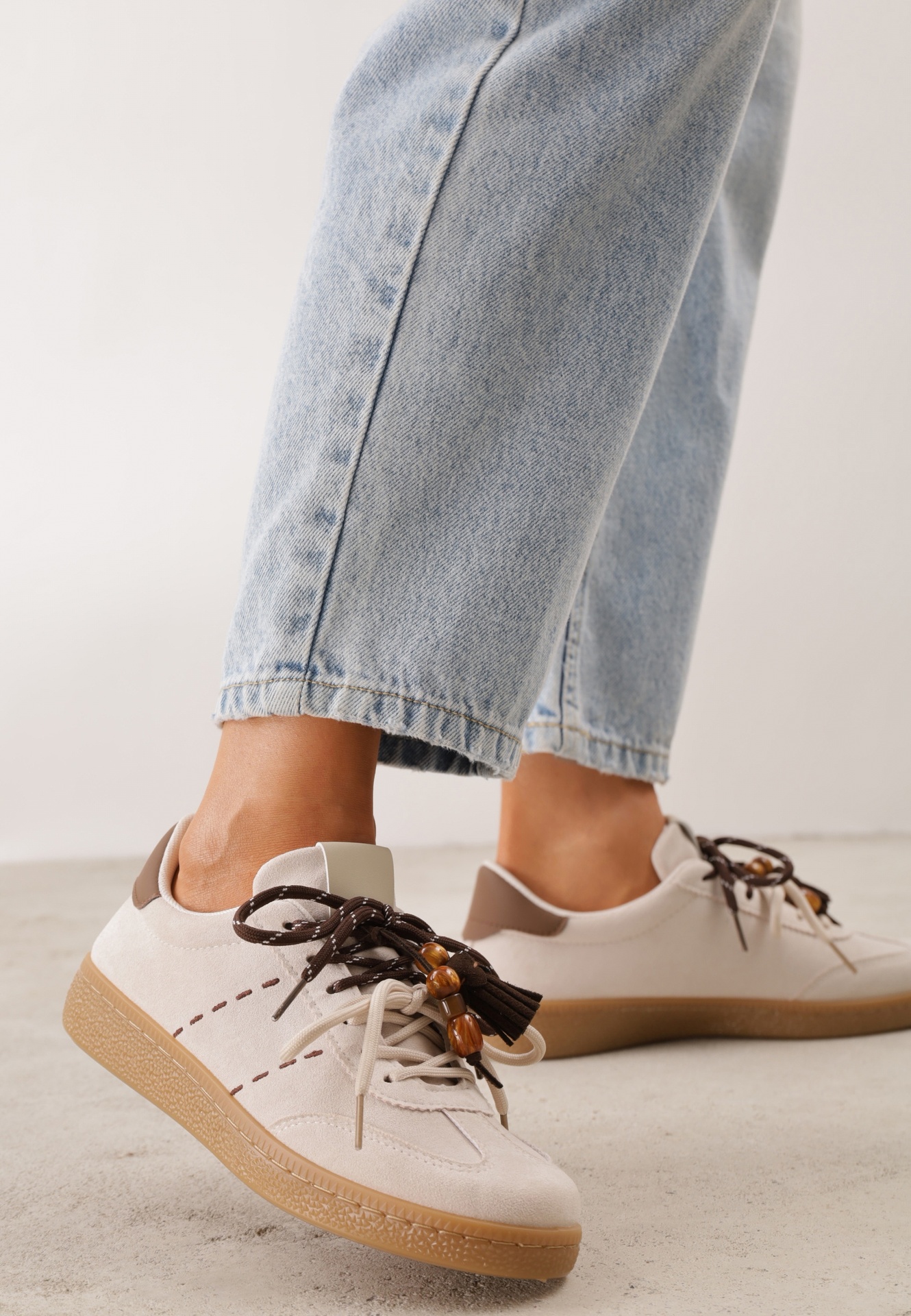 Sneakers clasice tip teniși retro cu dublu tip cravată cu franjuri Kotena Bej