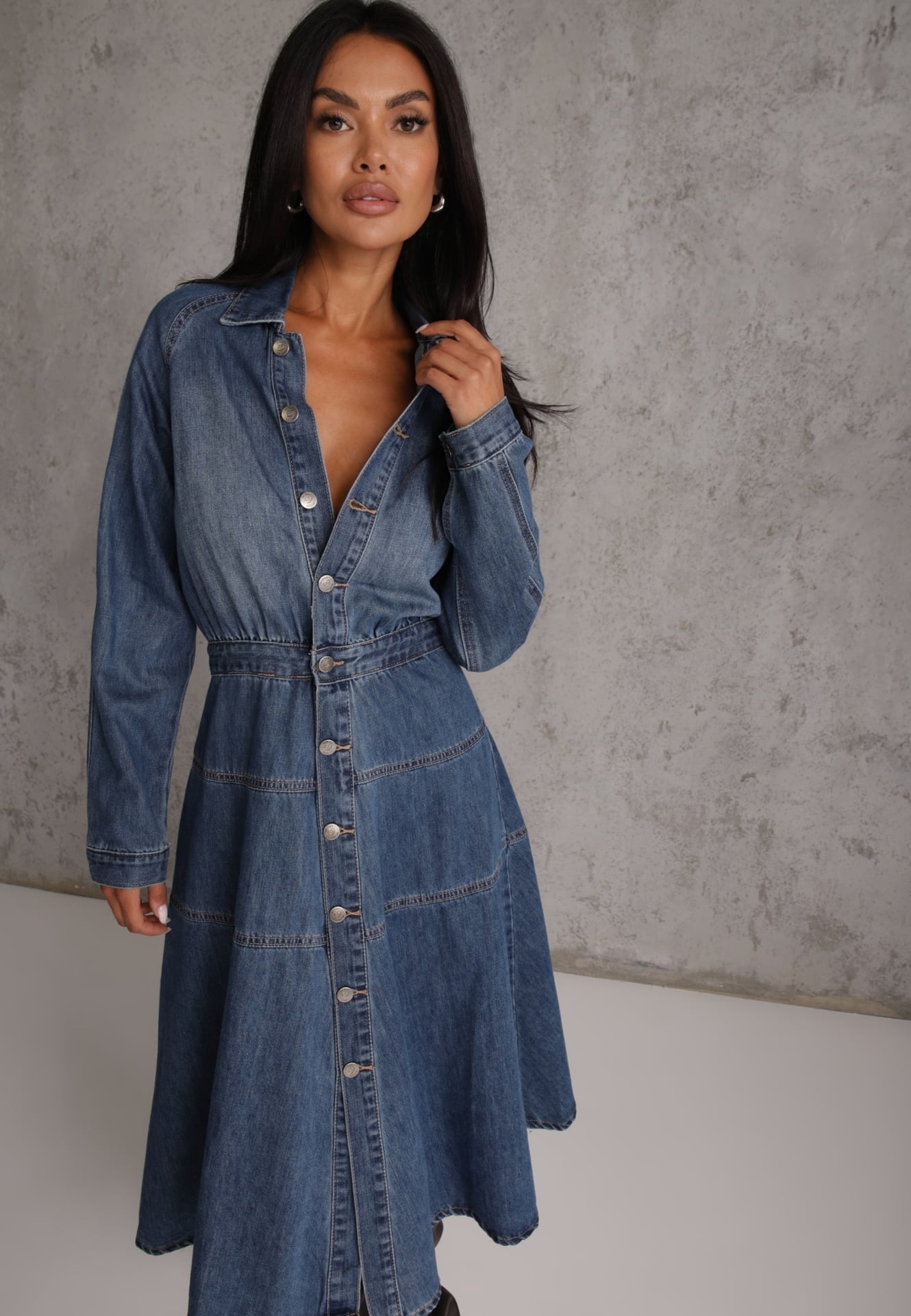 Rochie de blugi ajustată cu bumbac pe nasturi Aresine Albastră