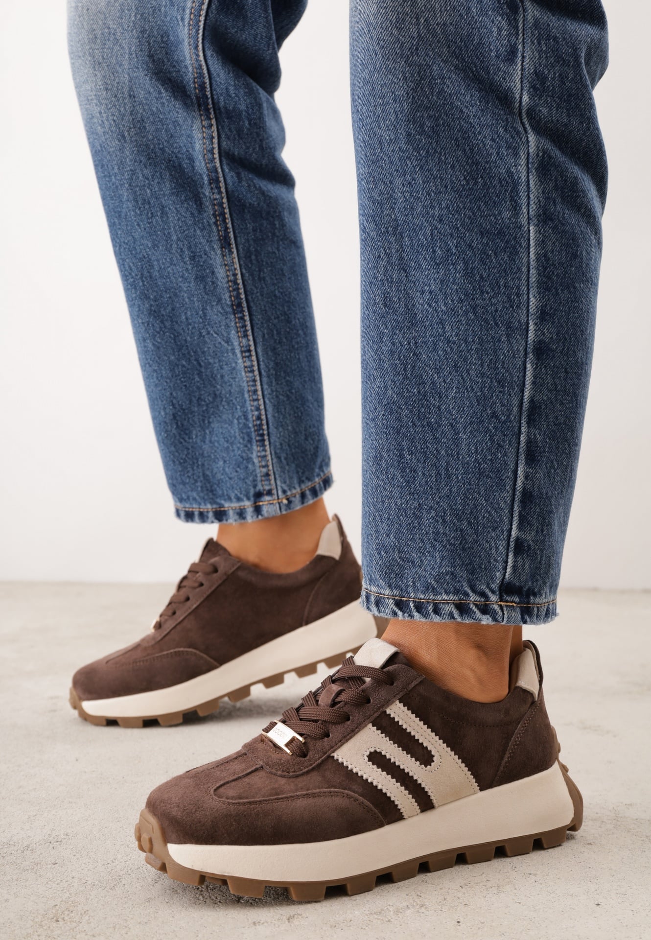 Sneakers chunky din piele întoarsă naturală, pe platformă cu talpă profilată, Ezze Maro