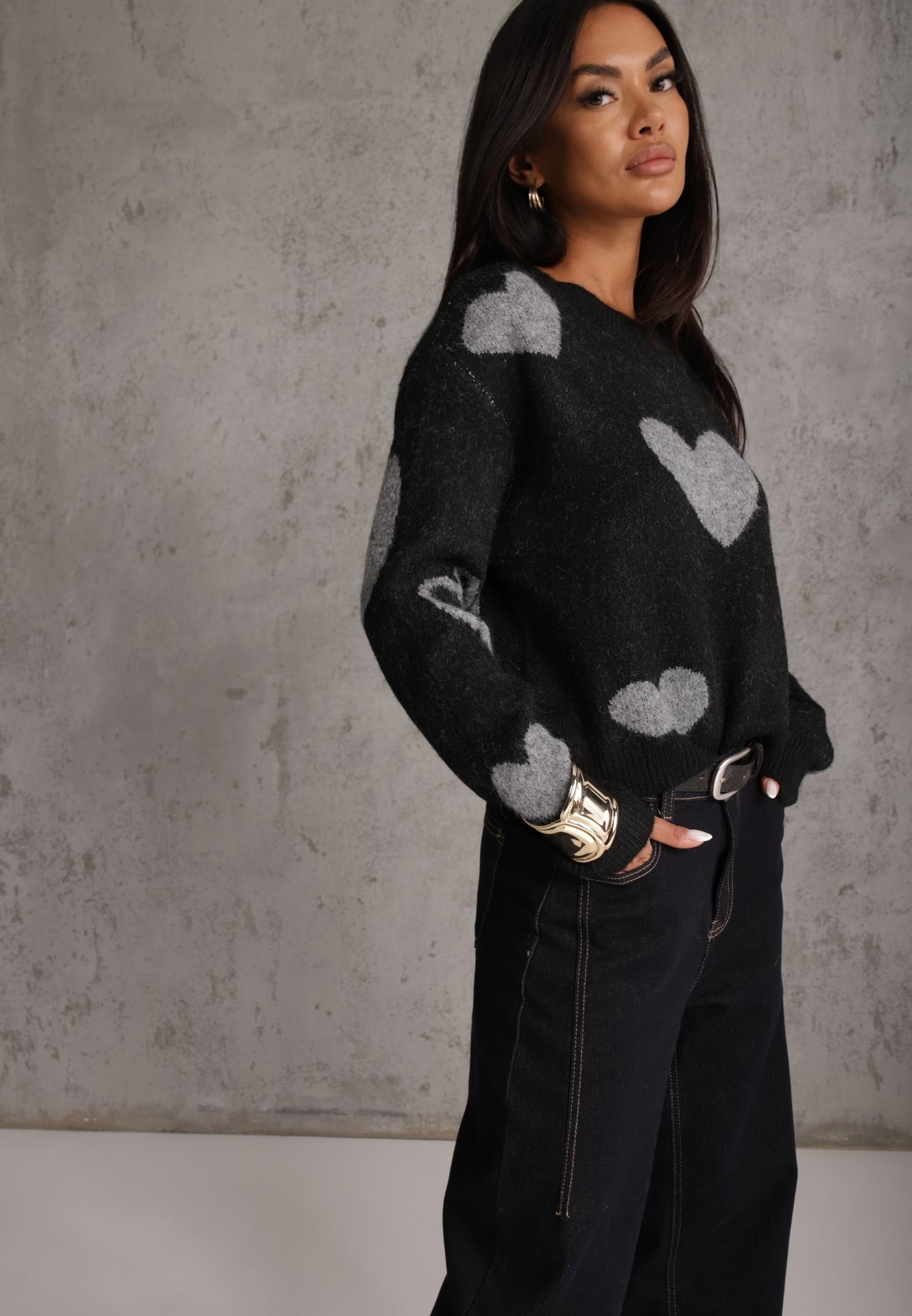 Pulover de iarnă cu adaos de lână, cu inimi decorative Brilma Negru