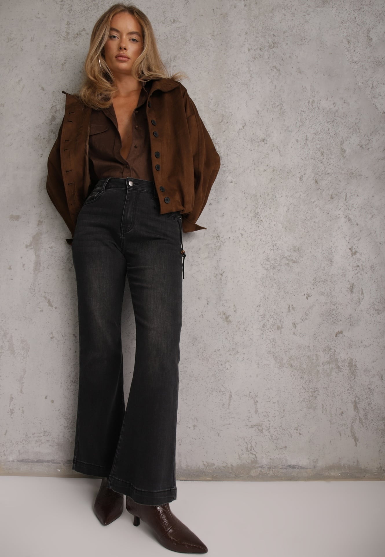 Blugi Flare cu Bumbac High Waist Ademe Negri