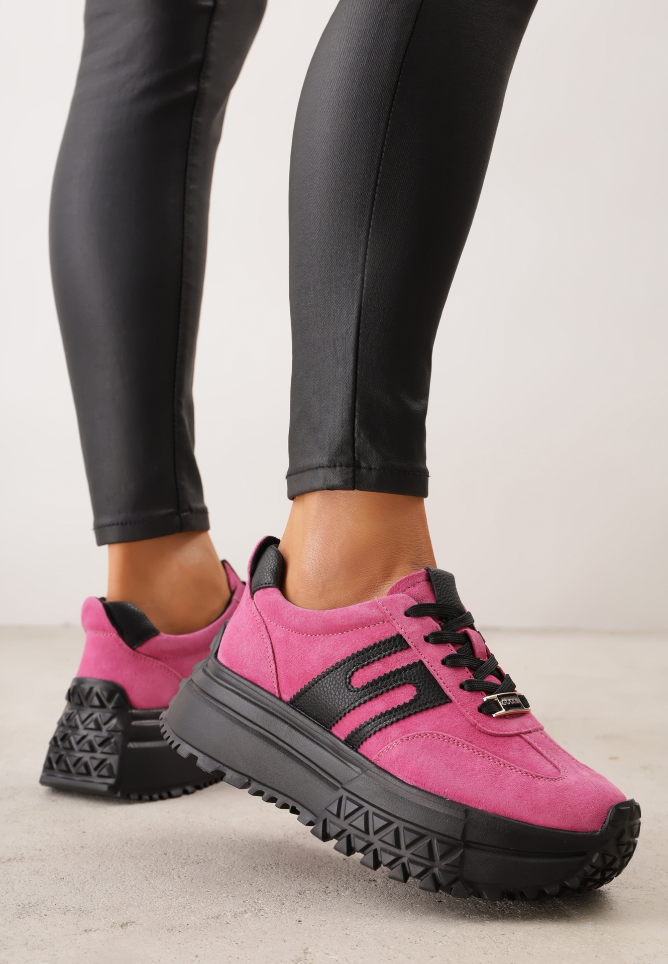 Sneakers pe platformă din piele întoarsă naturală, cu branț din piele, Fenvenuta Fucsia