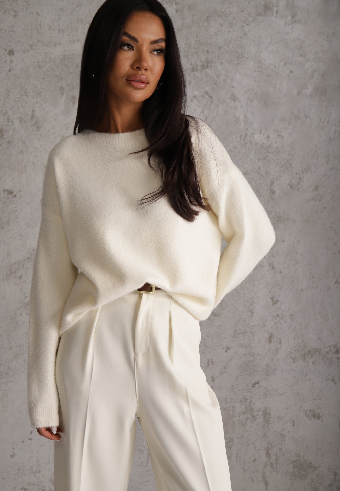Pulover oversize din lână și bumbac, în stil minimalist, Azrele Bej deschis