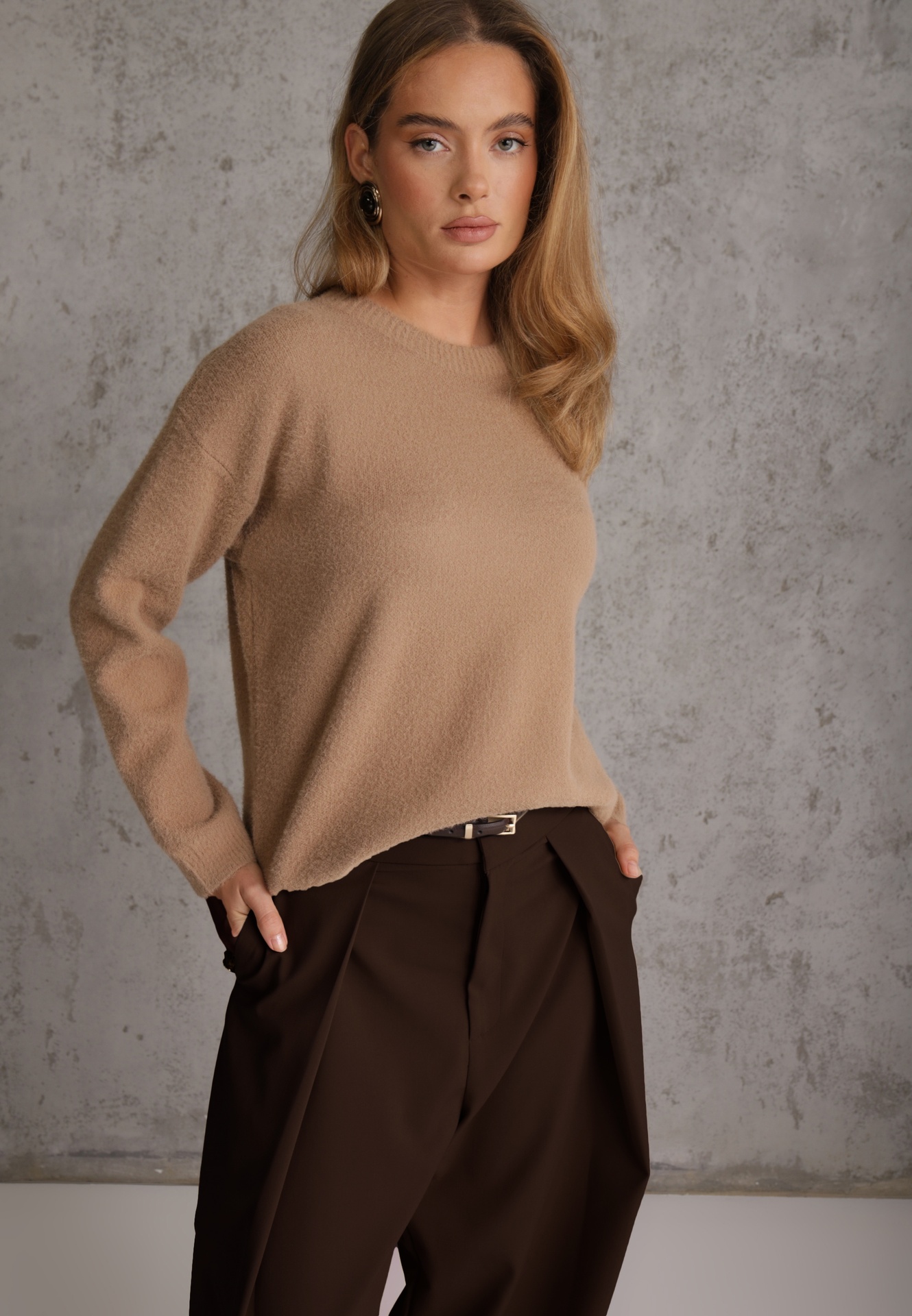 Pulover oversize din lână și bumbac, în stil minimalist, Azrele Bej