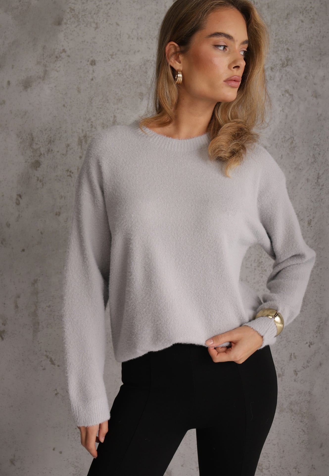 Pulover oversize din lână și bumbac, în stil minimalist, Azrele Gri