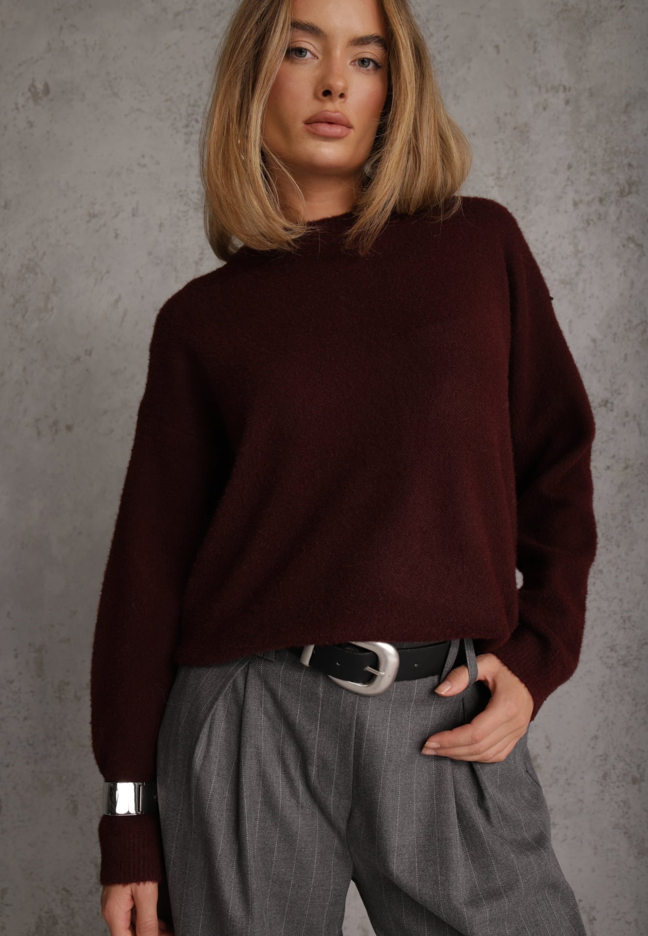 Pulover oversize din lână și bumbac, în stil minimalist, Azrele Bordo