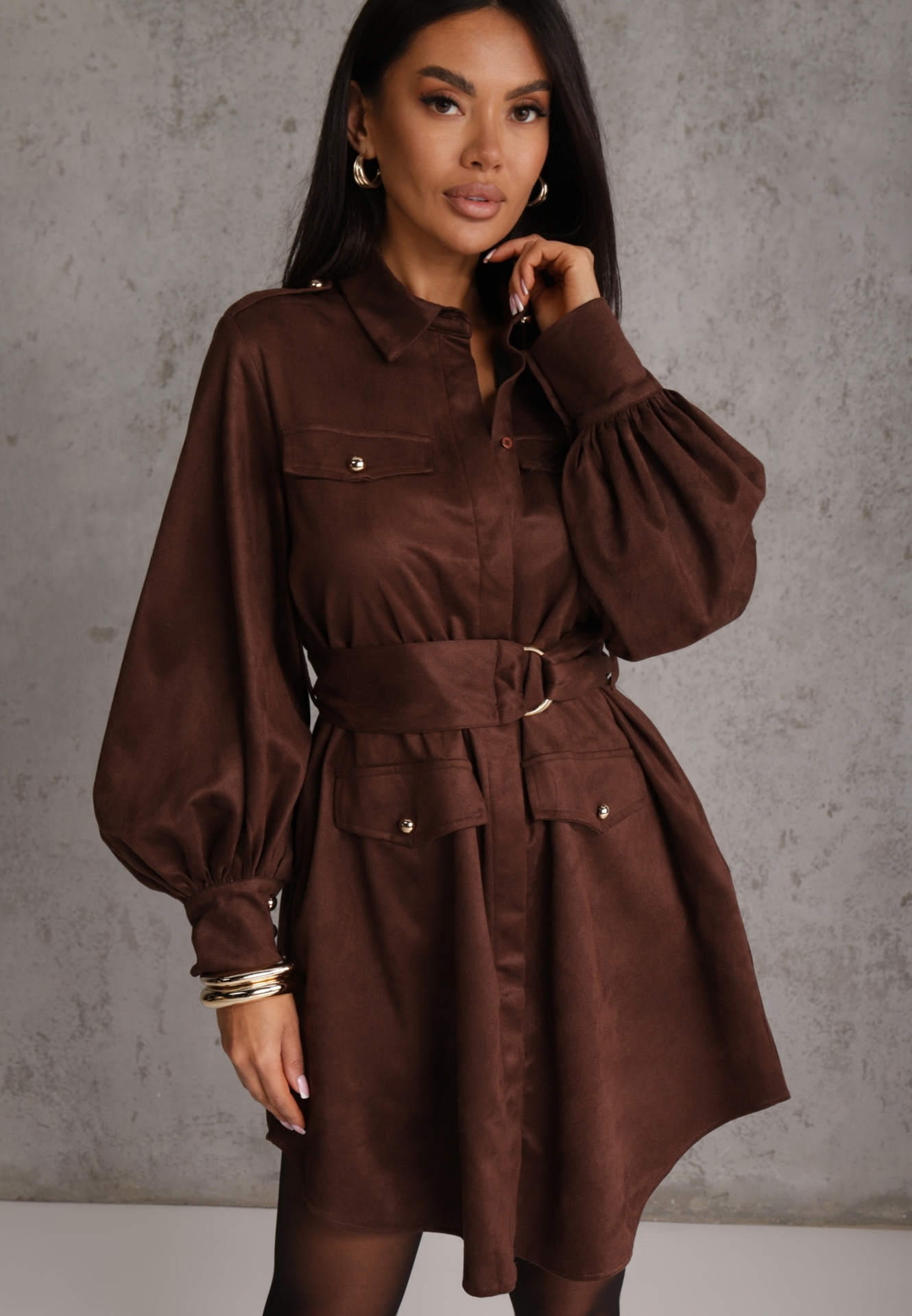 Rochie Utility cu croială de cămașă din piele întoarsă sintetică Wirette Maro