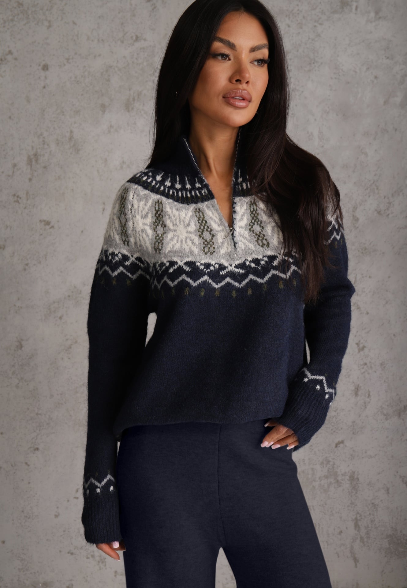 Pulover din lână cu model scandinav și guler scurt cu fermoar Nardia Albastru