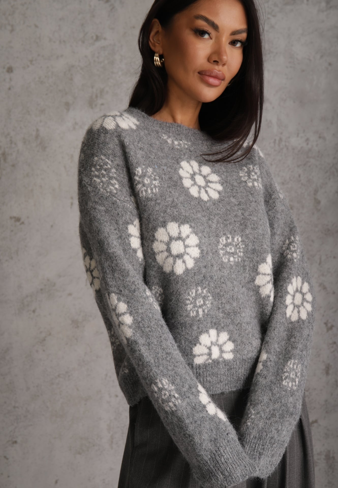 Pulover din lână de iarnă cu motiv floral Unika Gri