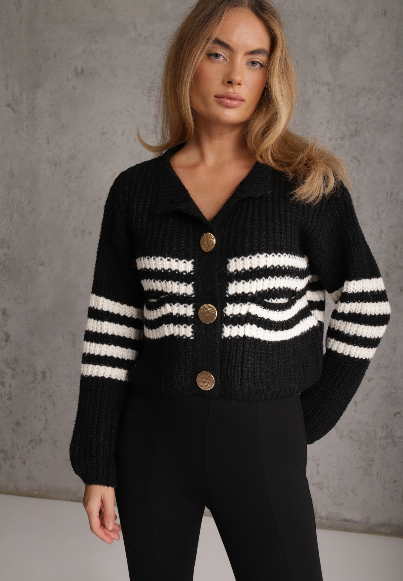 Cardigan elegant cu lână în dungi Werise Negru
