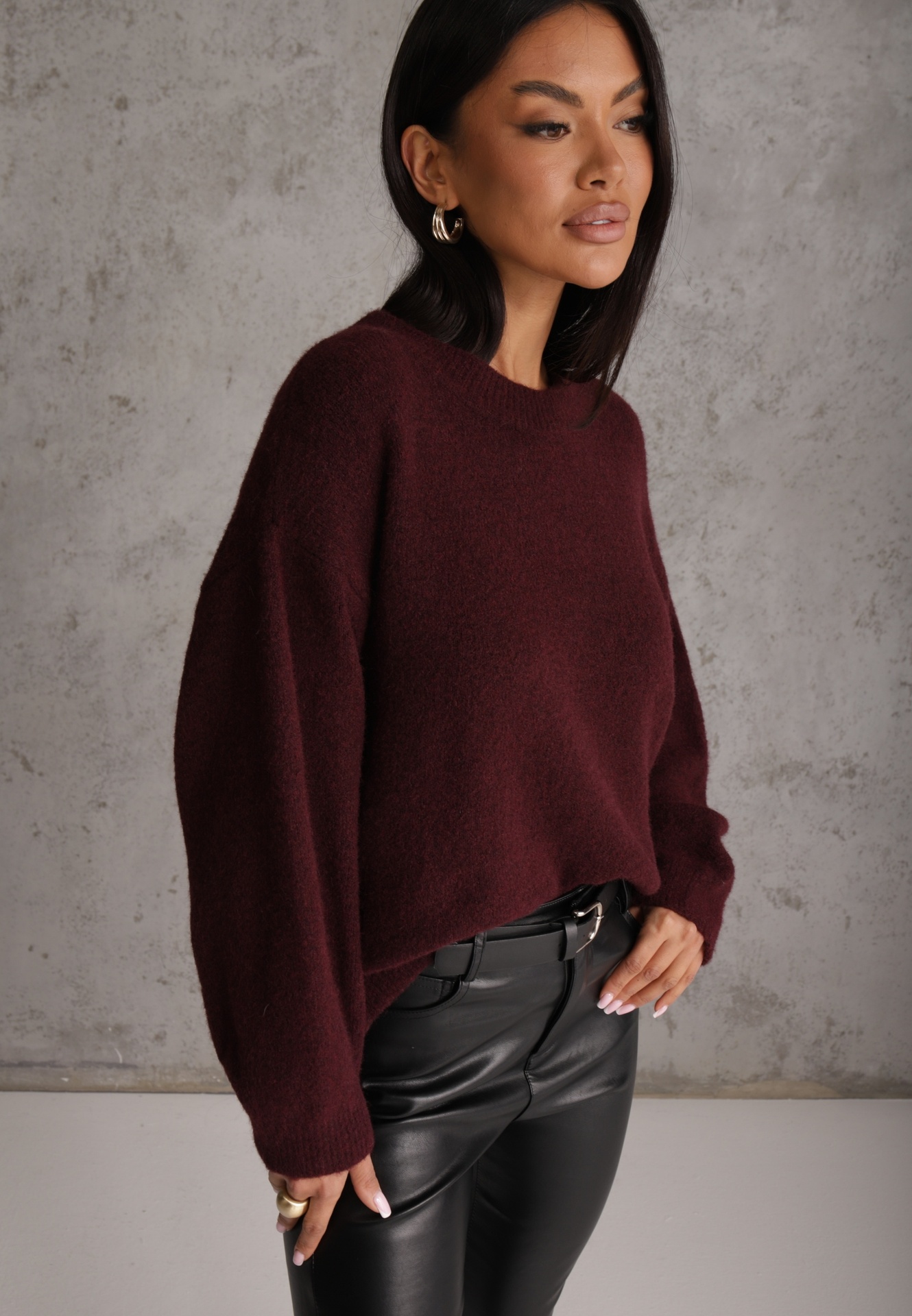 Pulover casual cu amestec de lână și mâneci cu manșete elastice Jeritellia Bordo