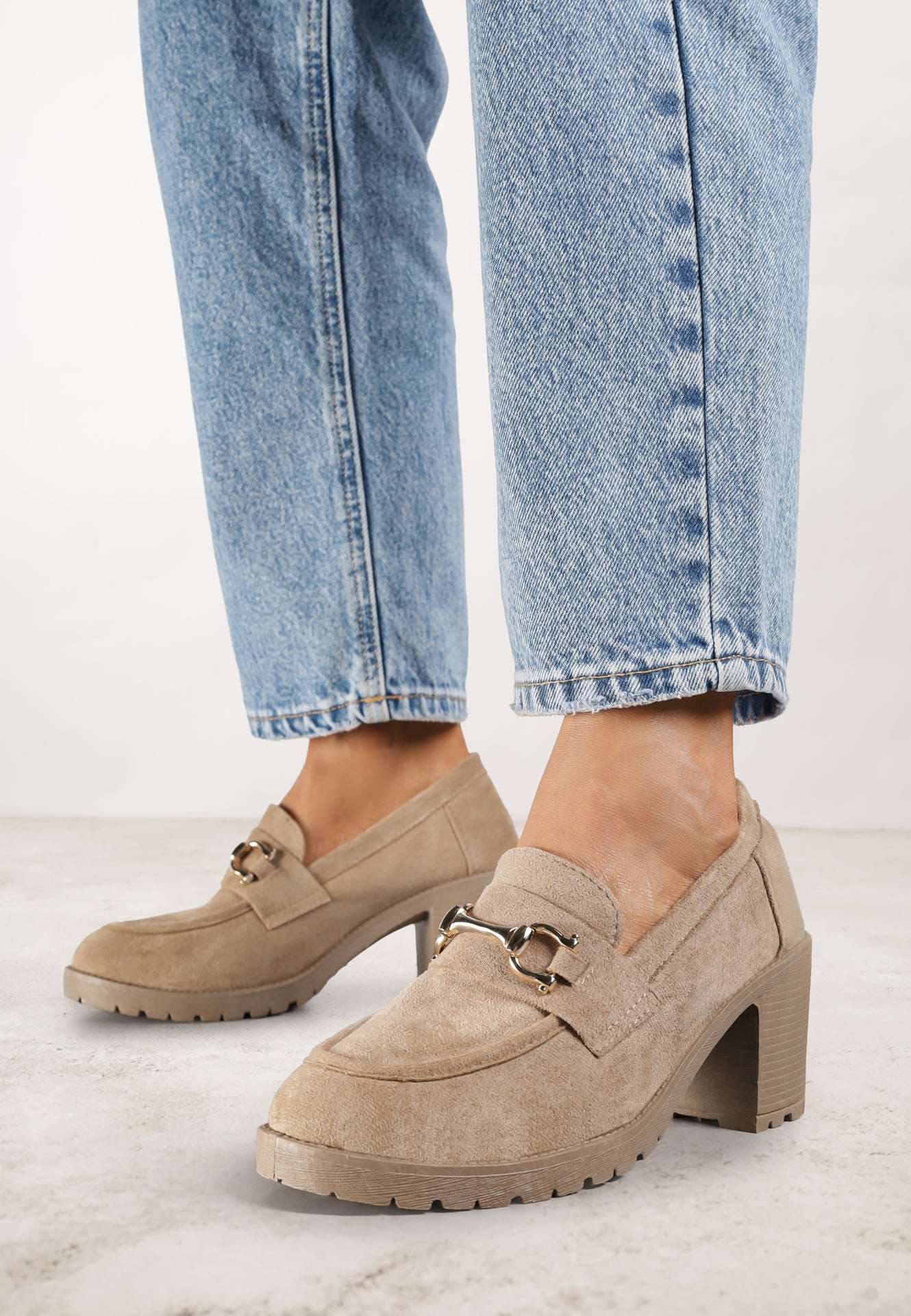 Pantofi Bej închis Mocasin cu toc bloc cu platformă Decorat cu cataramă Acridna