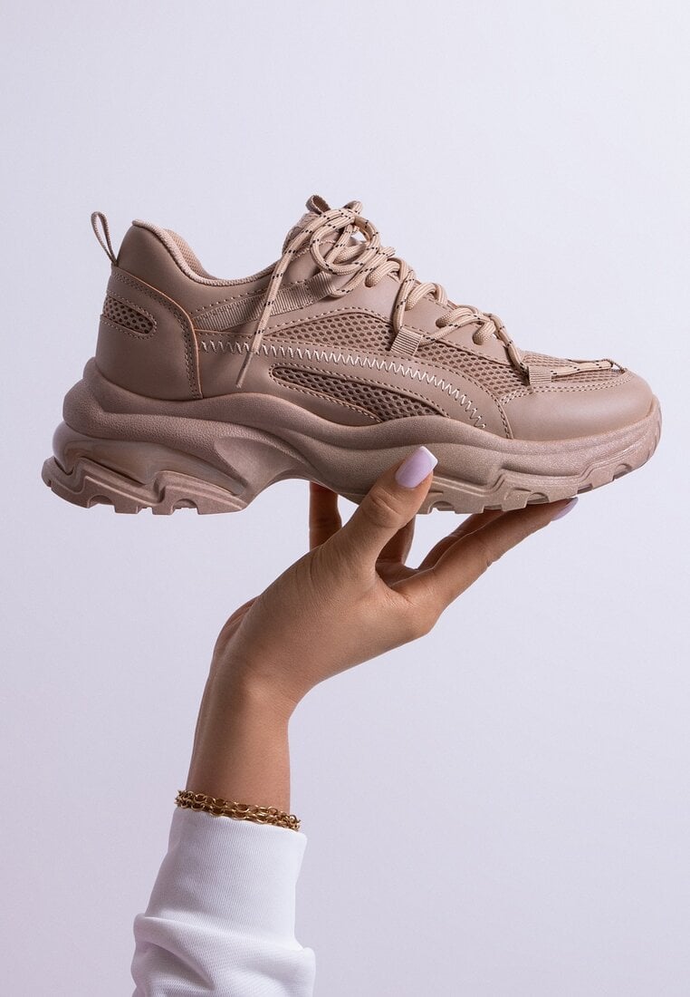 Adidași bej închis cu talpă masivă, cu inserții din plasă și șireturi decorative Ollavia