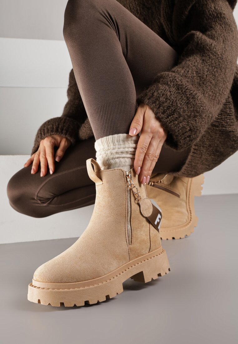 Botine Bej cu Bandă Decorativă cu Imprimeu Dudre