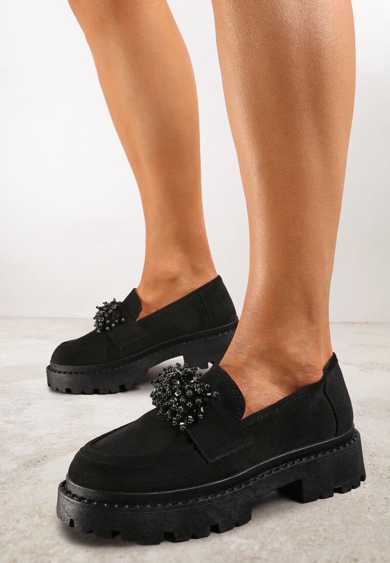 Mocasini Negri cu Aplicație de Mărgele Bijuterii Viatalia