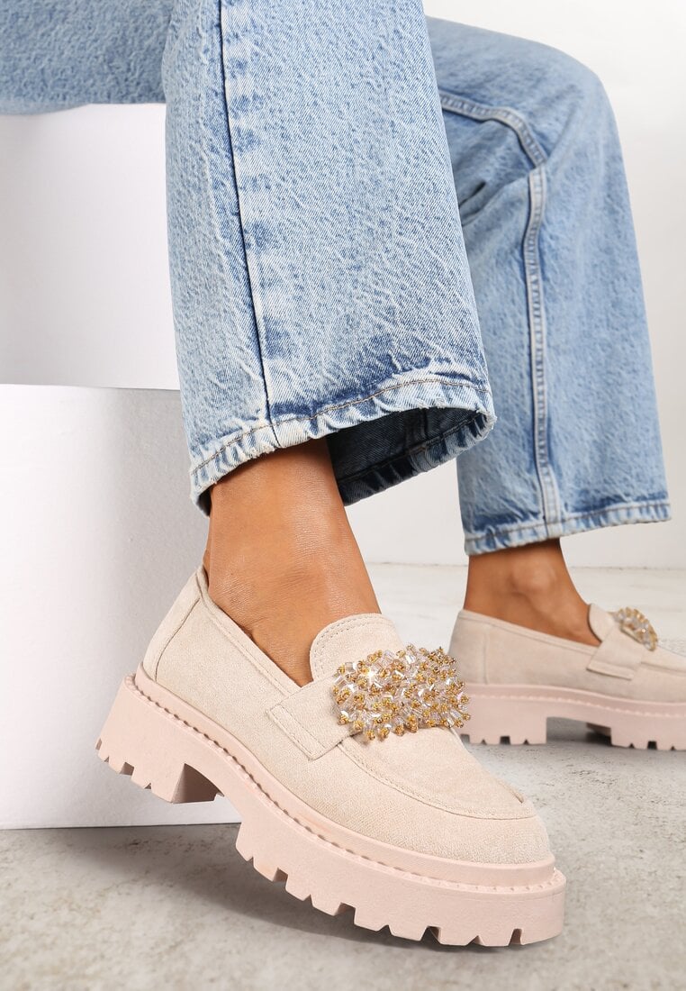 Mokasyny Bej cu Aplicație din Mărgele Bijuterii Viatalia