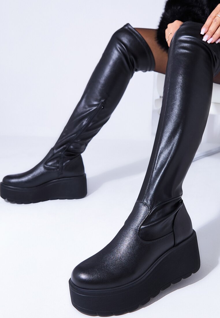 Cizme Casual Negre cu platformă și toc pană din piele ecologică cu carâmb mulat Erissia