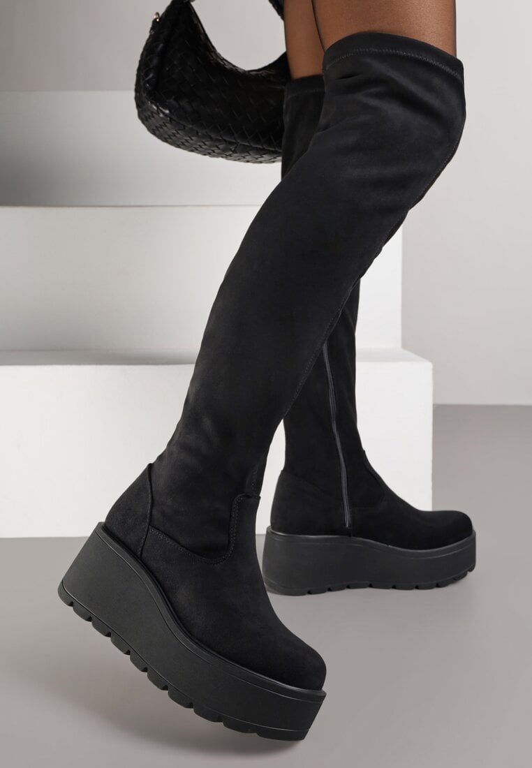 Cizme Casual Negre pe Platformă și Toc pană cu Gamba Ajustată Erissia