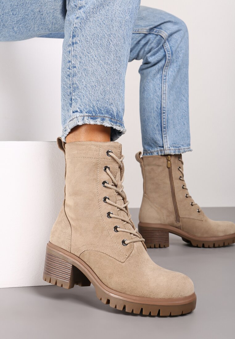 Ghete Bej cu toc gros stil worker cu șireturi Timovia