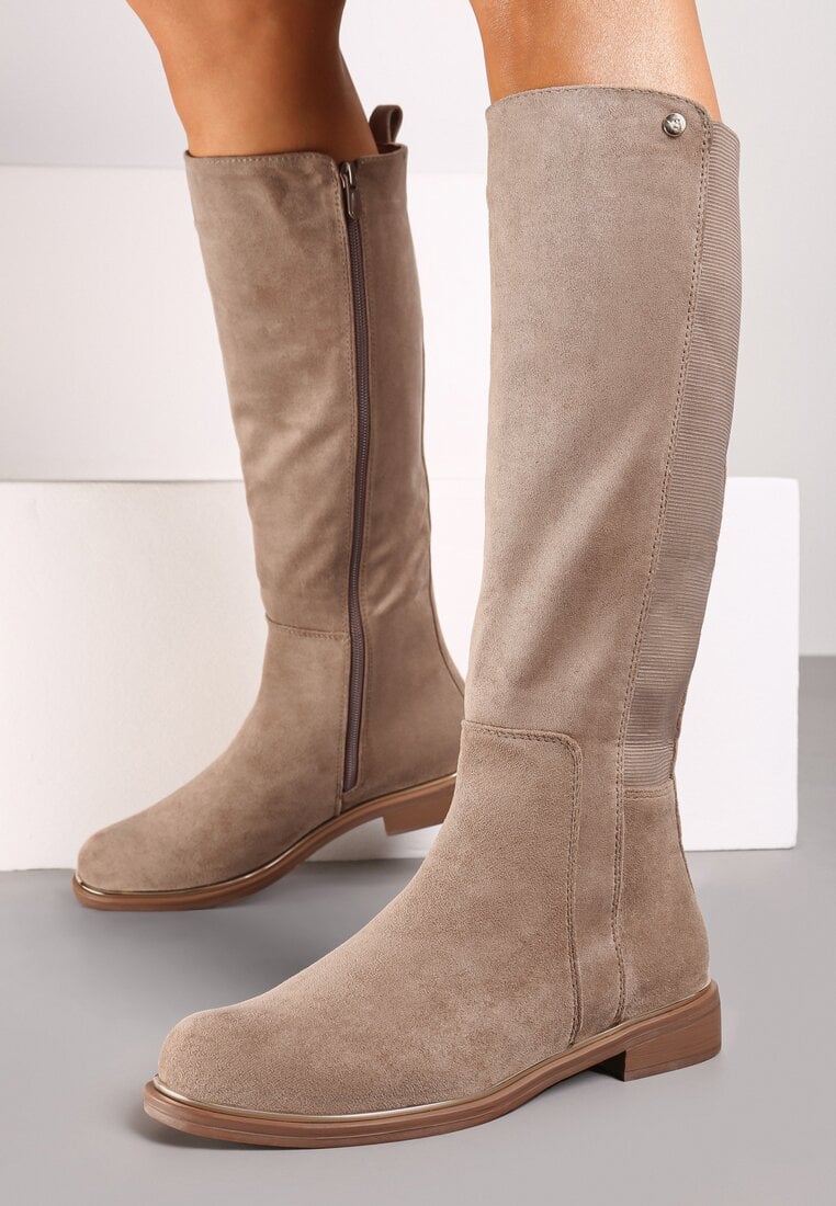 Cizme Bej din Ecosuede pe Talpă Plată Stil Ofițeresc cu Elastic Ansista