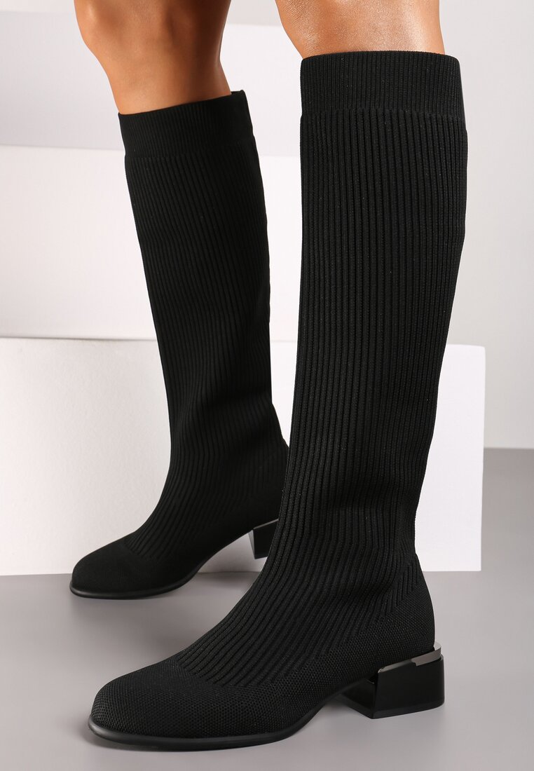 Cizme Negre cu Toc Gros Tip Muschetar cu Carâmb Mulat și Element Metalic Leriha