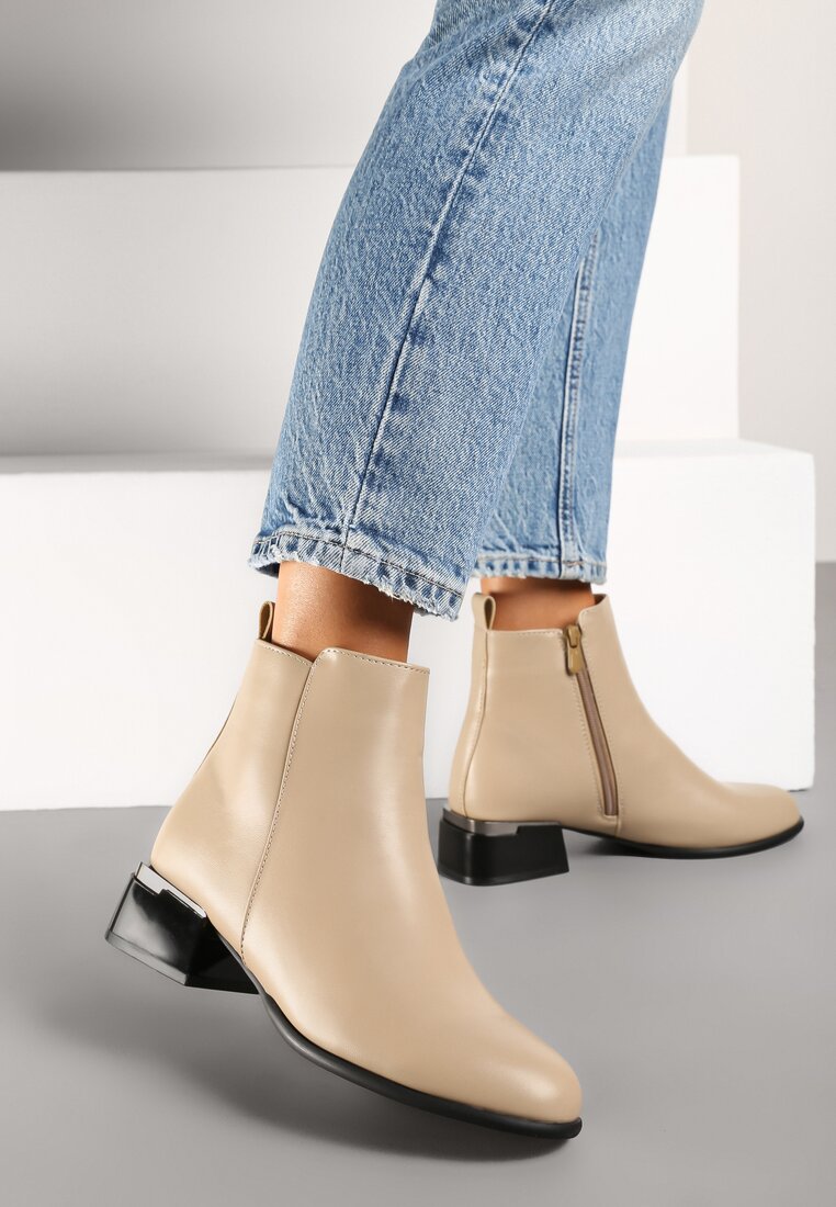 Botine stil Chelsea Bej cu toc gros cu căptușeală ușoară Afheila