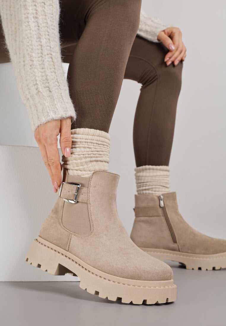 Botine Bej închis cu Talpă Plată și Cataramă Metalică Tarlana