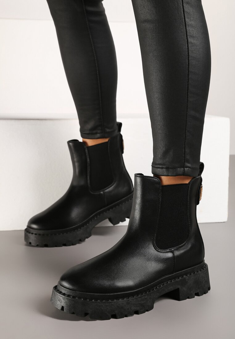 Ghete Negre pe platformă stil chelsea cu elastic și finisaj metalic Lerives