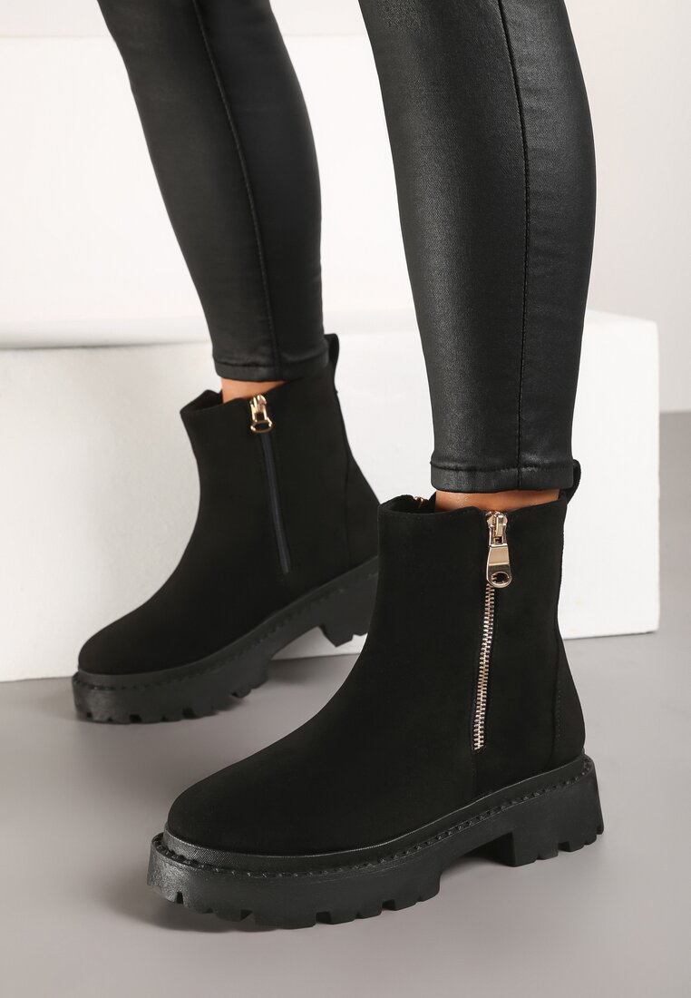 Ghete Plate Negre din piele întoarsă ecologică cu fermoar Tinaferr