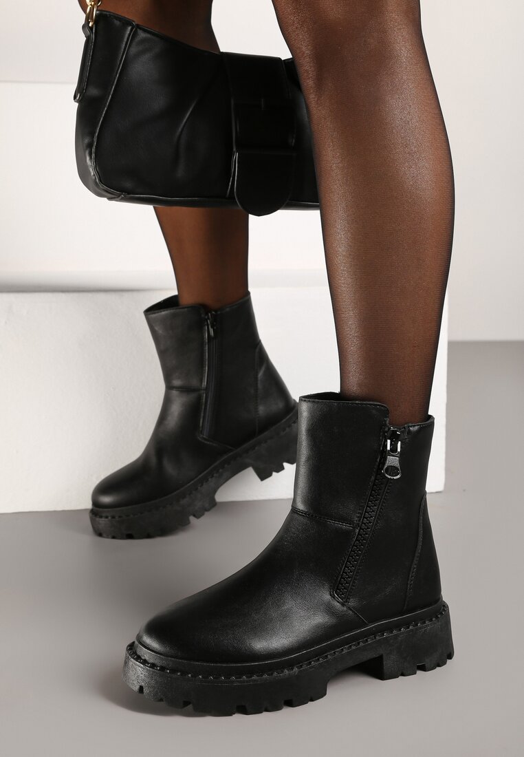 Botine Negre cu Platformă cu Fermoar Decorativ lateral Tarienne