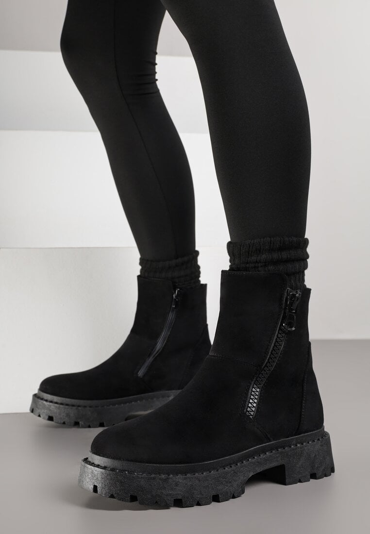 Botine Negre din Ecosuede cu platformă cu fermoar decorativ lateral Tarienne