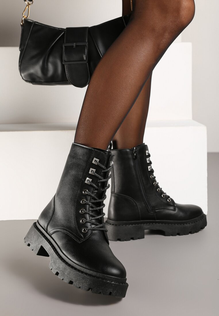 Botine Negre Worker pe Talpă Plată Finisate cu Zirconii Lerissna