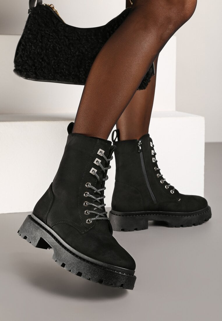 Botine worker Negre din eco-piele întoarsă cu talpă plată decorate cu zirconii Lerissna