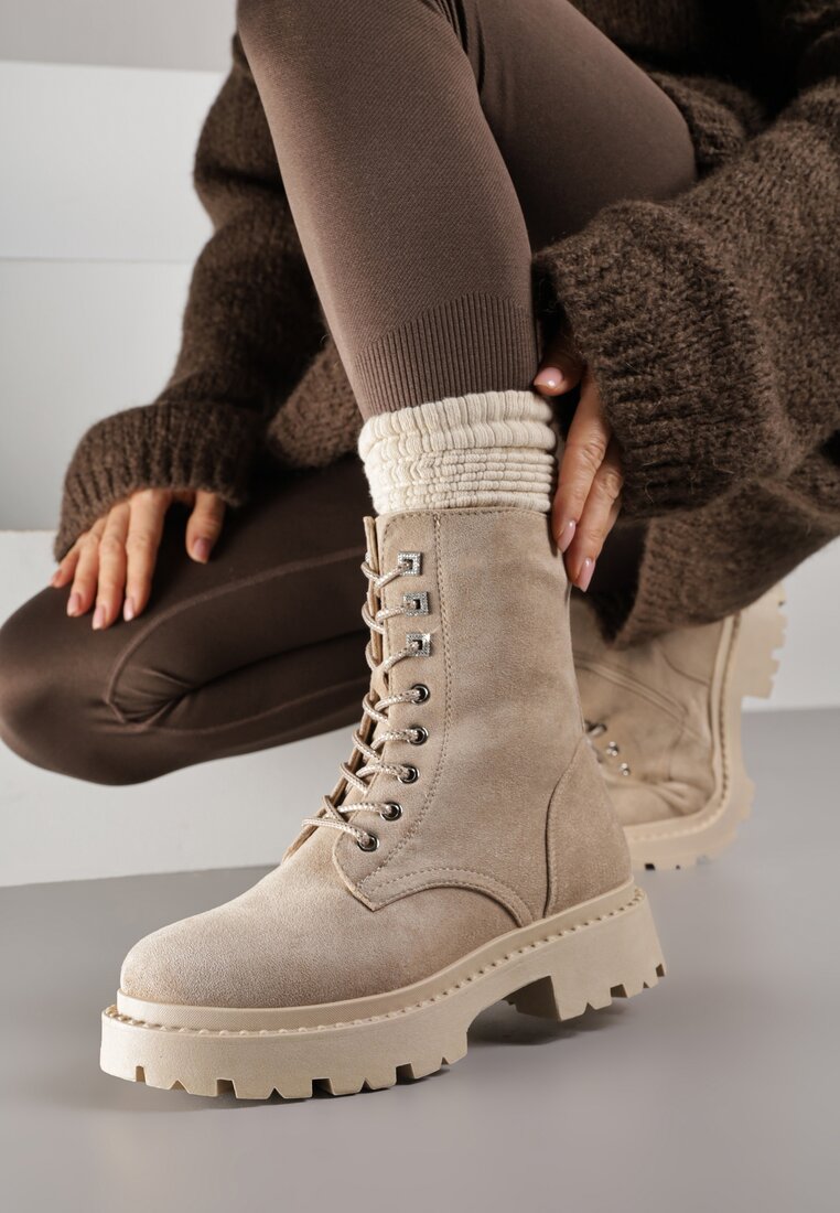 Botine worker bej închis cu talpă plată finisate cu zirconii Lerissna