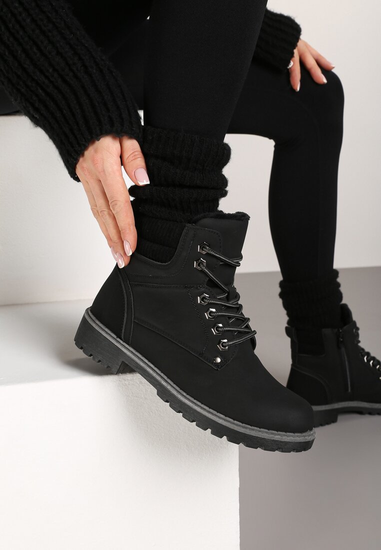 Bocanci Negri cu șireturi casual cu talpă plată Relobia