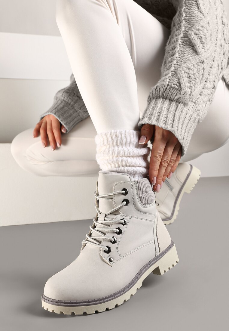 Ghete casual gri cu șireturi cu talpă plată Relobia