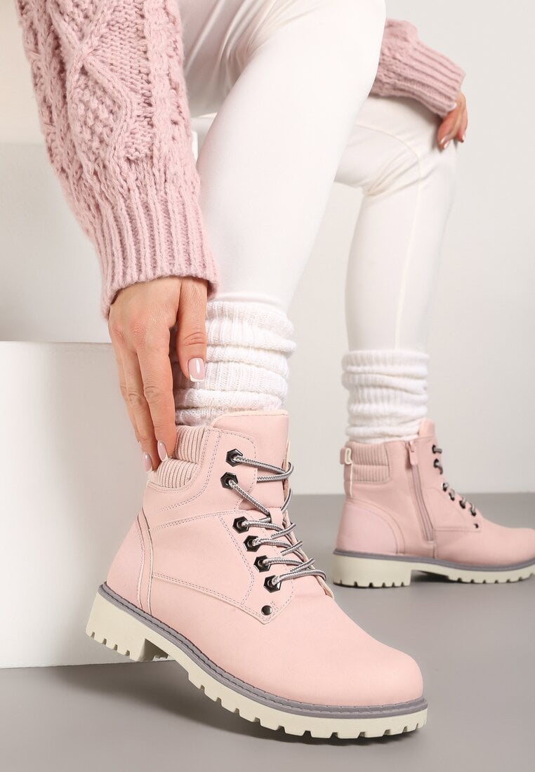 Ghete Casual cu șireturi Roz cu talpă plată Relobia