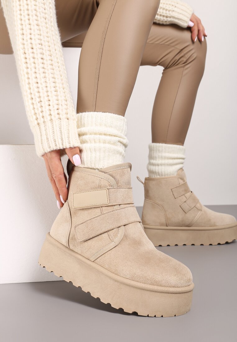 Cizme de zăpadă Bej pe platformă cu închidere velcro Tarimelle