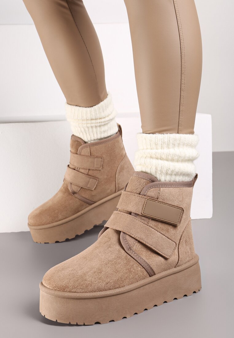 Cizme de zăpadă Bej închis cu platformă cu închidere velcro Tarimelle
