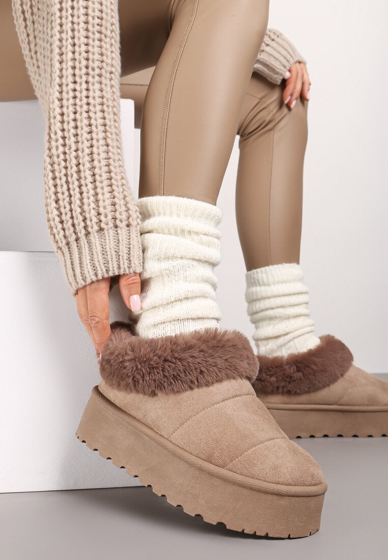 Cizme de zăpadă Bej închis cu talpă groasă cu căptușeală de blană Tirisha